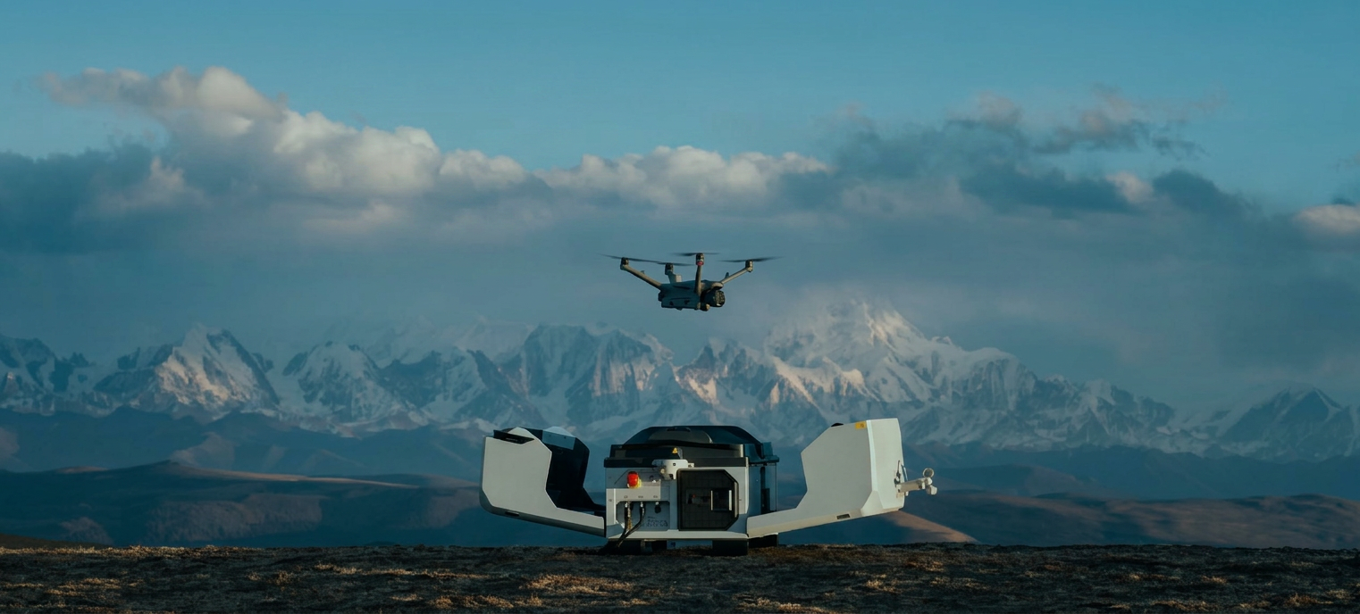 Station de drone autonome DJI Dock 3 déployée face à un paysage de montagnes